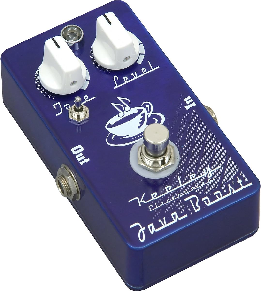 Angolat view of the Keeley Java Boost pedal, showing the output jack and side profile.