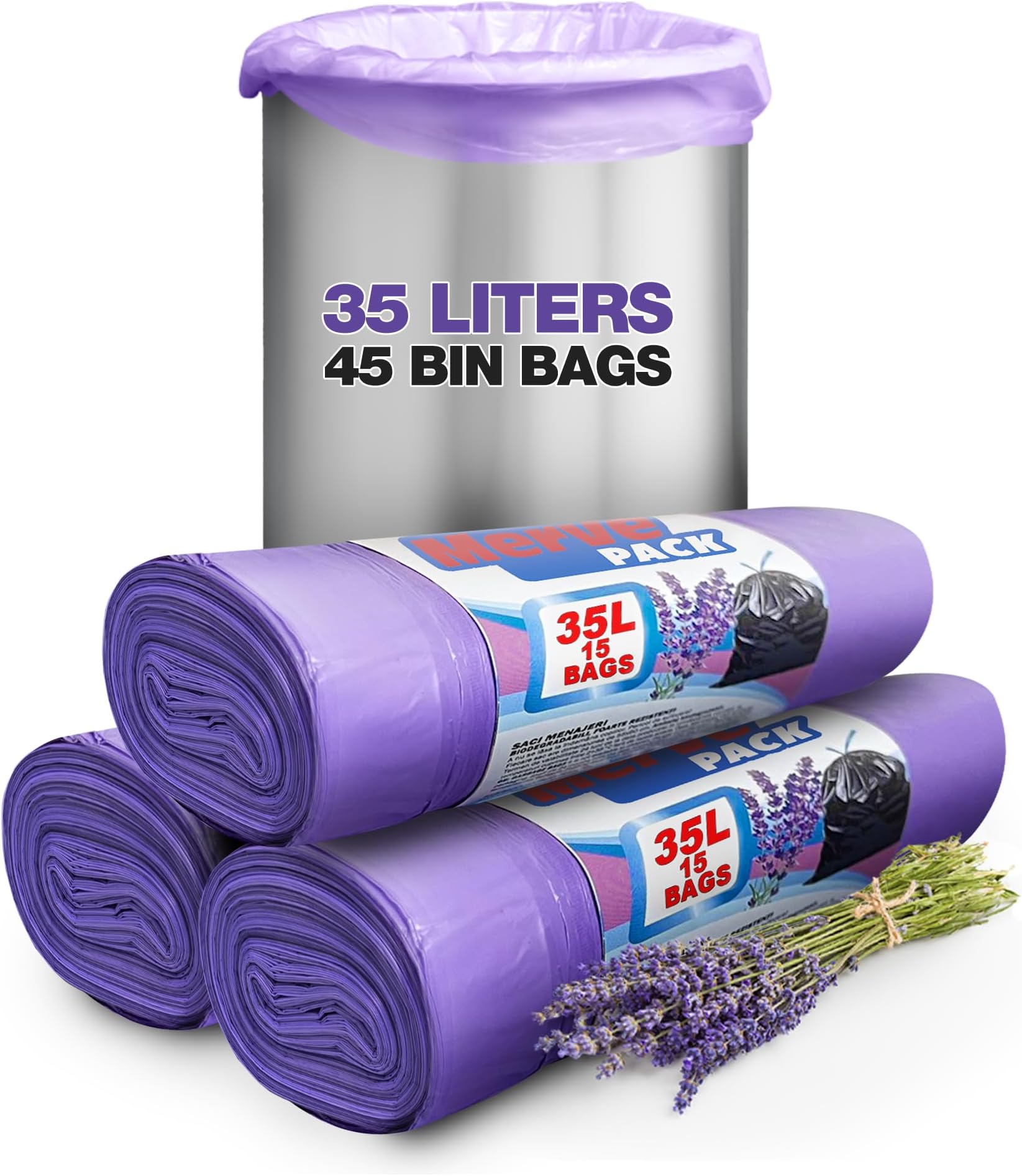 35L Lavender Scented Bin Bags with Drawstrings, 45 Count – Kitchen and Bathroom Bin Liners for Home Use – Scented Bin Bags Keep Your Bin Fresh and Odor-Free, Ideal Trash Bags and Garbage Bags