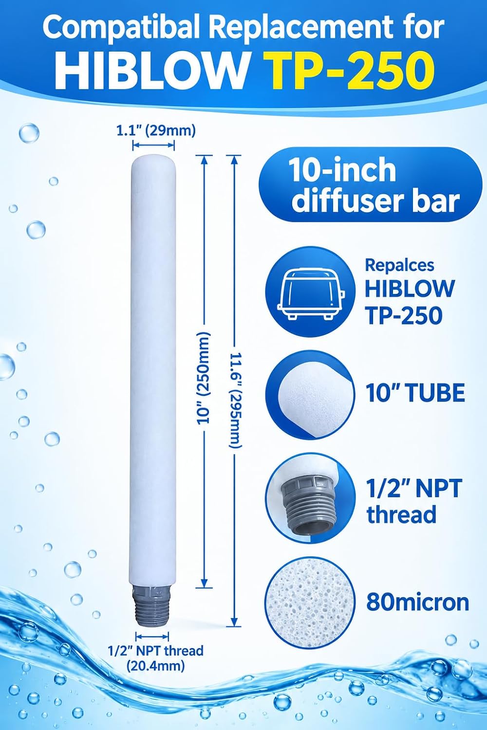 (Promotion) Air Diffuser Replacement for HIBLOW TP-250, 10 Inch Aeration Diffuser Bar, 80 Micron Micropore, 1/2 Inch Thread, Polypropylene, for Aerobic Septic Systems, Wastewater & Pond Aeration