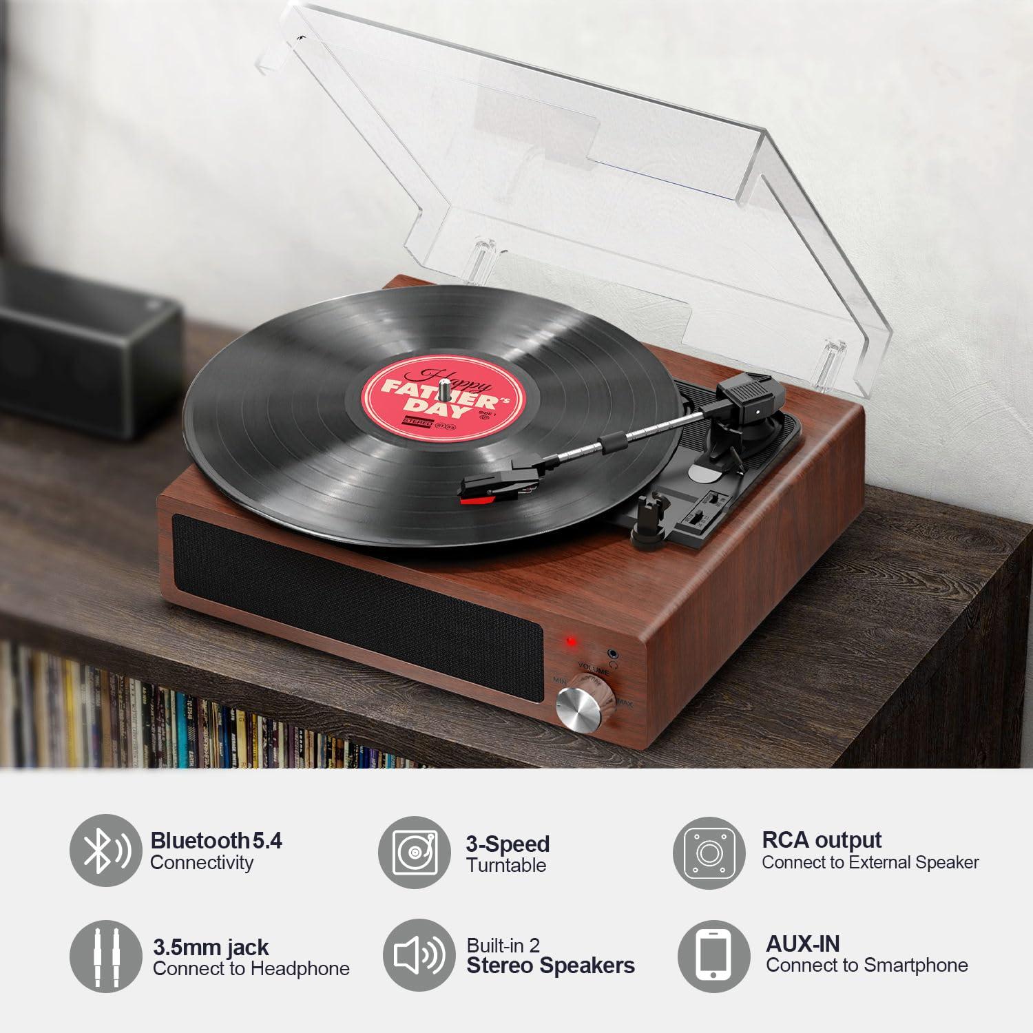 Plattenspieler, FYDEE Vinyl-Plattenspieler mit Eingebauten Stereo-Lautsprechern, 3 Geschwindigkeiten 33/45/78 RPM, Bluetooth-Schallplattenspieler, mit RCA-Ausgang und AUX-Eingang, Walnuss