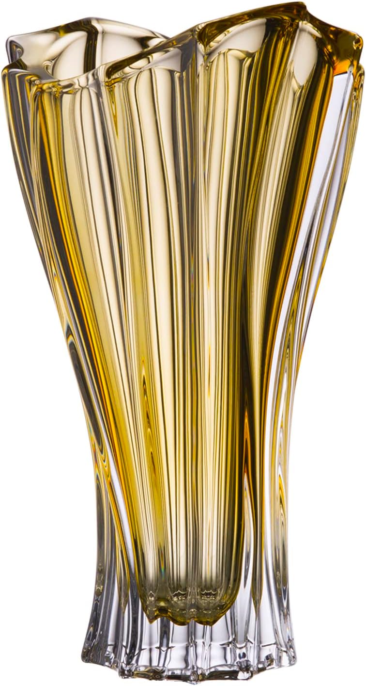 Czech Bohemian Crystal Glass Vase 12'' Light-Amber ''Plantica'' Vintage European Design Flower Vase Elegant Centerpiece Home Decor Birthday Wedding Housewarming Anniversaries