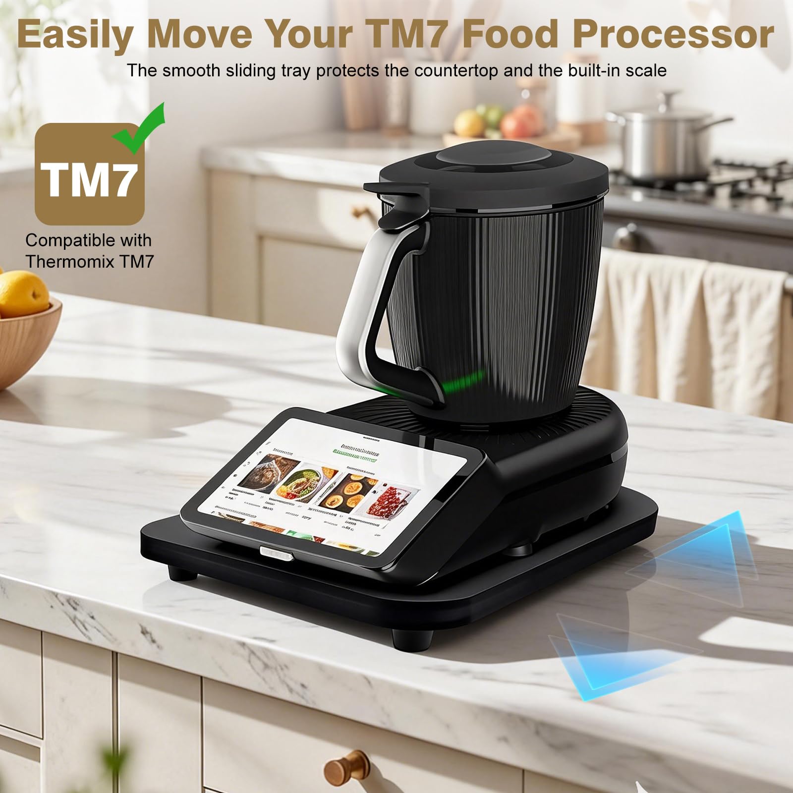 Deska ślizgowa do Thermomix TM 7, podstawka do Thermomix z rolkami, stabilna i łatwa do przenoszenia, bambusowa drewniana taca kompatybilna z Thermomix TM7