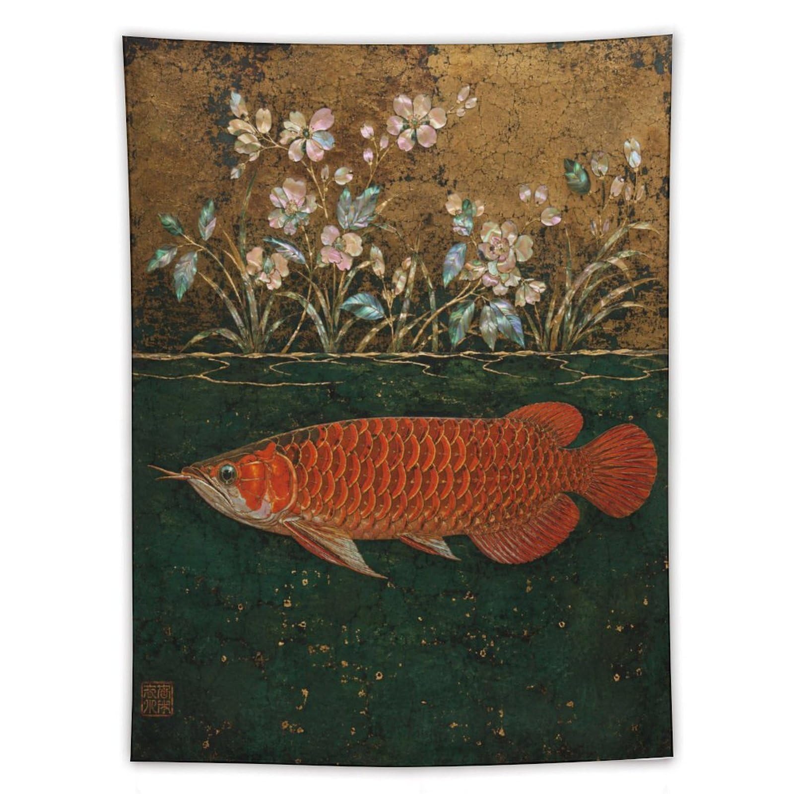 H3B8U2Y5 Red Arowana Fish Wall Tapestry, Realistic Illustration Style, Bed