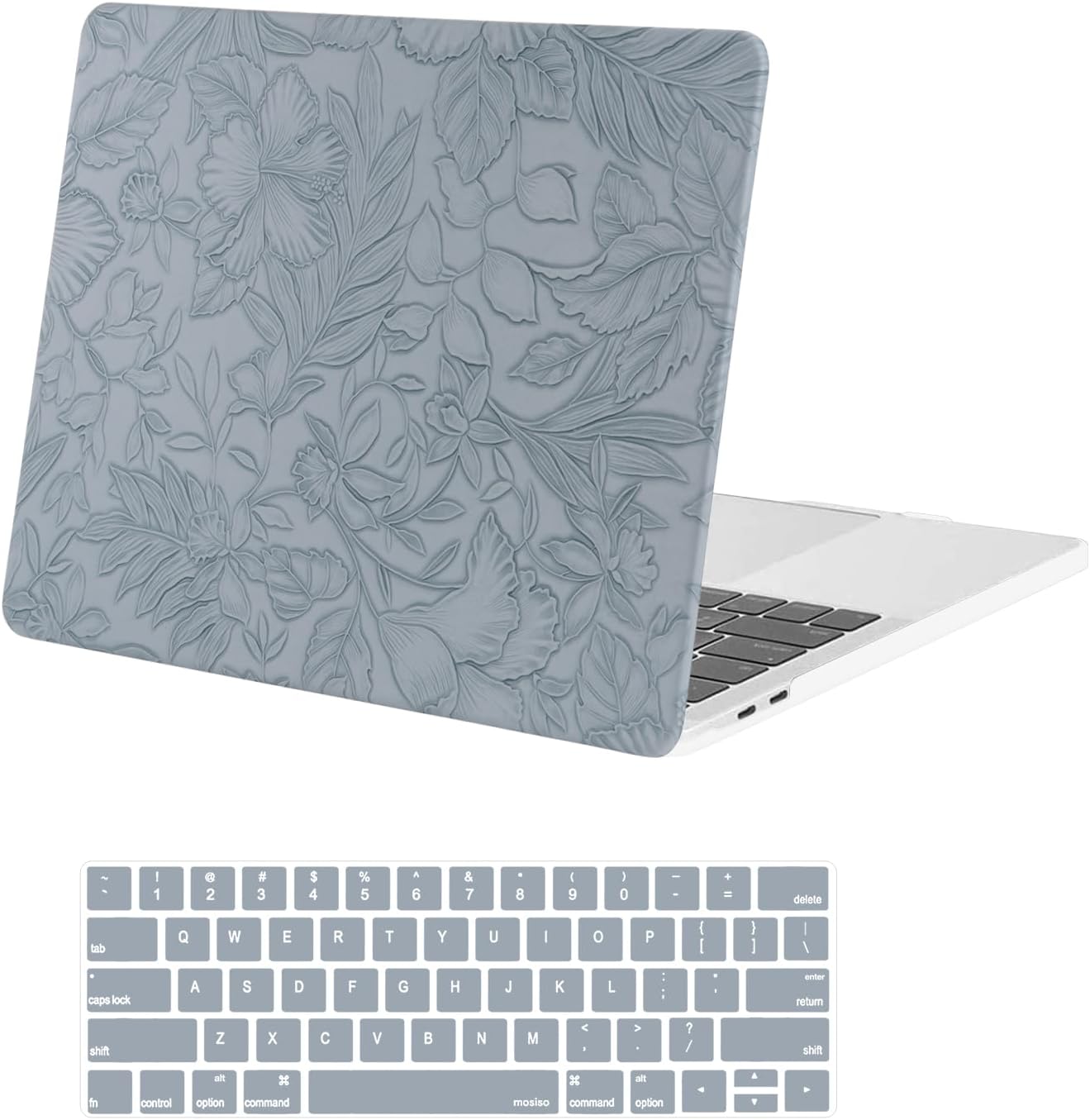 MOSISO Compatible with MacBook Pro 13 inch Case 2026, 2025-2016 M2 M1 A2338 A2251 A2289 A2159 A1989 A1708 A1706, Embossed Retro Hibiscus Texture PU Leather Coated Hard Case&Keyboard Cover, Green
