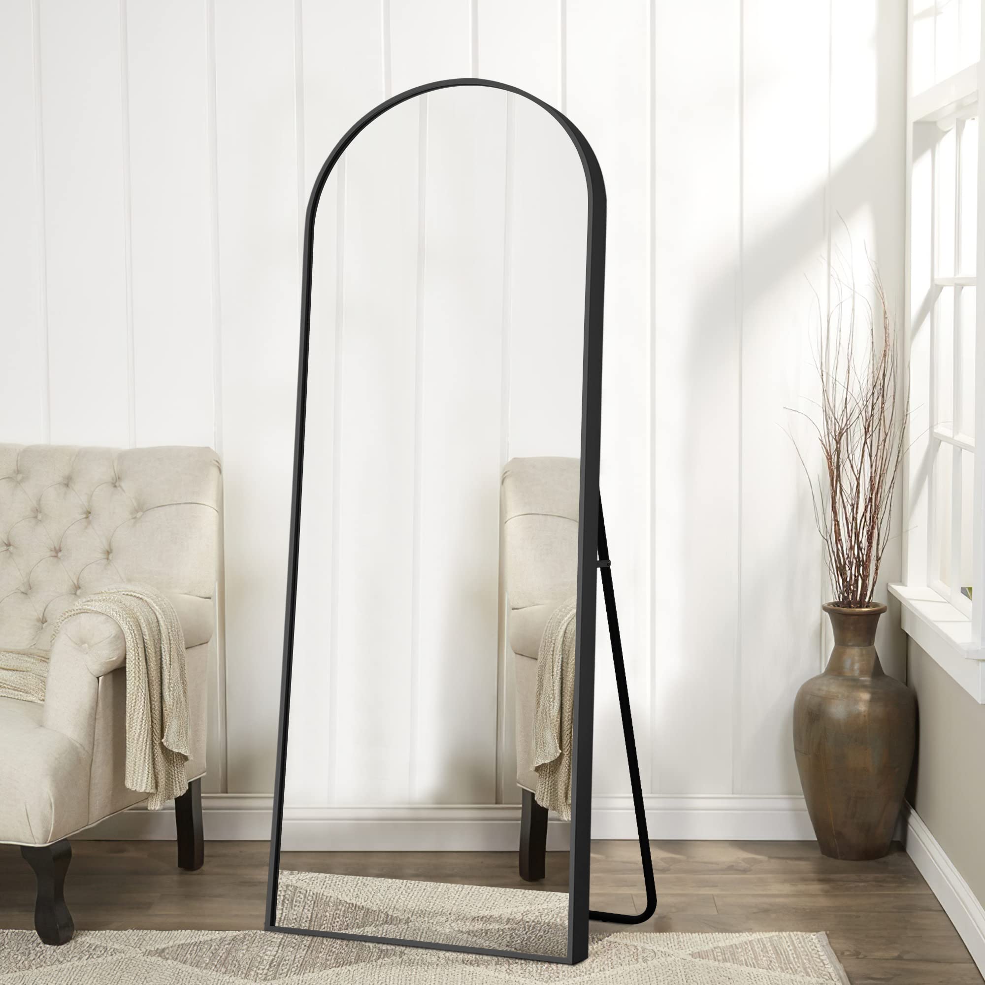 MIRUO Arched Full Length Mirror, 71" x 24" Aluminum Alloy Frame Floor Mirror with Stand, Large Bedroom Mirror Dressing Mirror, Free Standing or Leaning Against Wall, Black