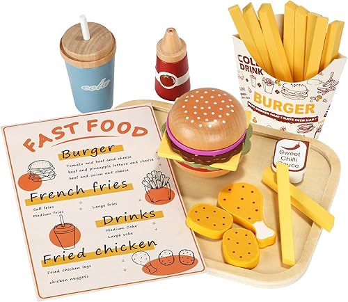 Juego de madera para jugar comida rápida, accesorios de cocina, hamburguesa y papas fritas, juego de restaurante, juguetes de juego de rol para