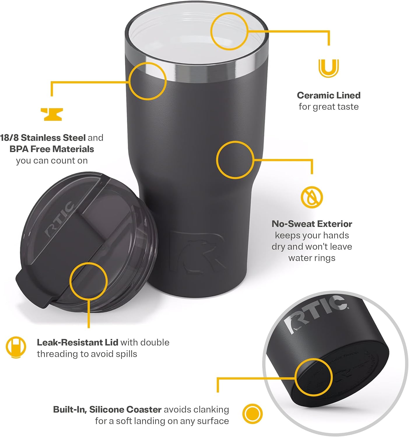 RTIC 20oz Essential Tumbler with Lid, Ceramic Lined, Insulated, Stainless Steel, Metal, Double Wall Vacuum-Insulation, Travel Cup for Iced Coffee, Tea, Hot and Cold Drink, Graphite - Image 4
