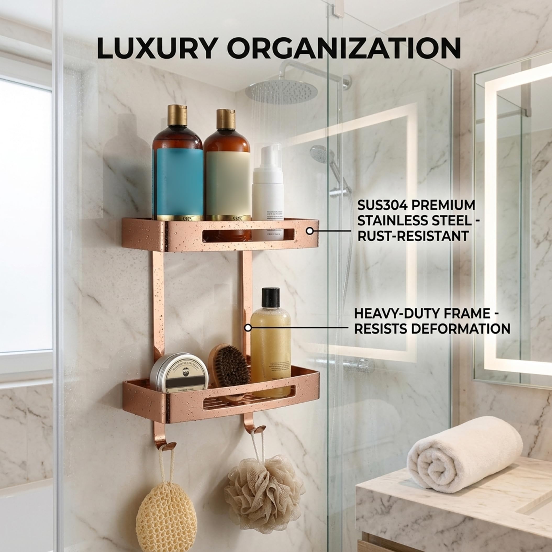 Estante de pared para baño, organizador de ducha de doble nivel, estante de esquina de baño adhesivo de acero inoxidable 304, organizador de pared sin taladrar con ganchos, oro rosa
