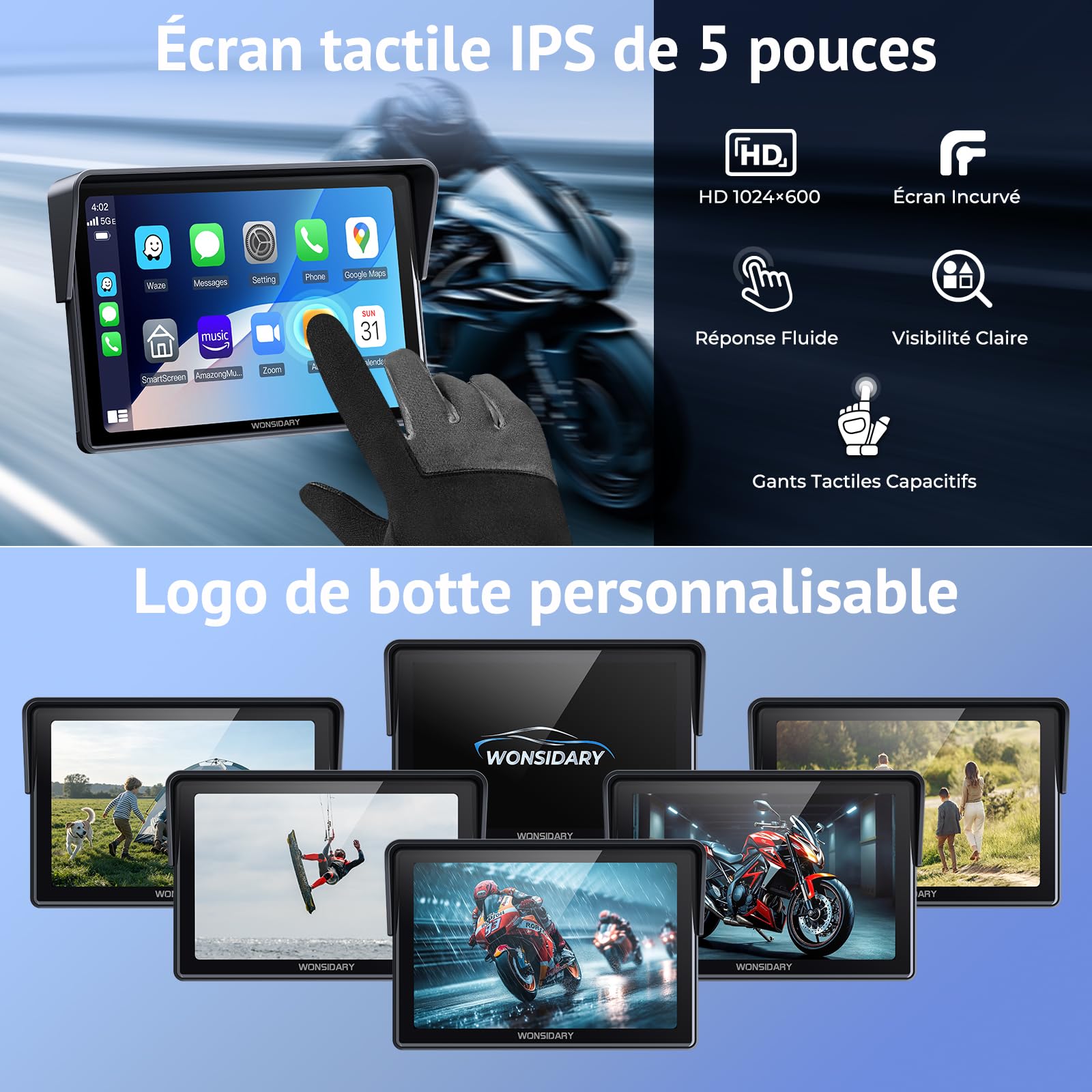 Écran CarPlay Moto sans Fil Compatible avec Apple CarPlay & Android Auto,5 Pouces Écran Tactile Moto Étanche avec Double Bluetooth,Navigation GPS,Commandes Vocales,Égaliseur,Alimentation USB/ACC