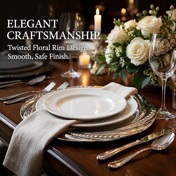 ZENFUN 6 Pack Stainless Steel Plate, Round Dinner Plates, Silver Charger Plates, Flower Spiral Dinner Chargers, Decorative Plates for Table Setting, Wedding, Parties, Outdoor Receptions