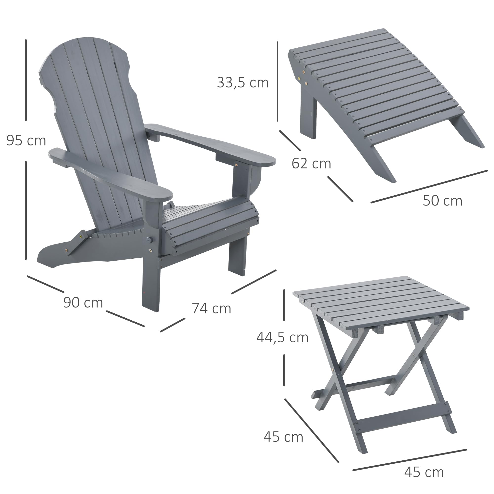 Outsunny Fauteuil de Jardin Adirondack Pliable, avec Table Basse et Repose-Pied, en Bois Massif traité Gris