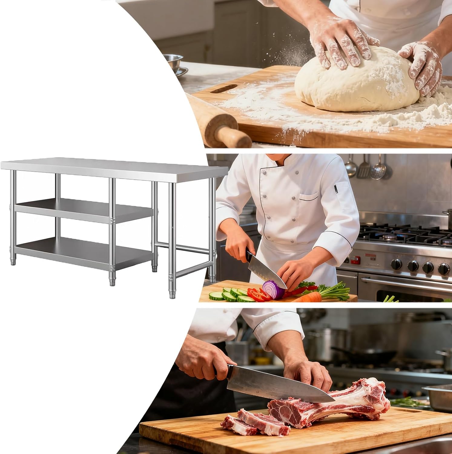 Combine Workbench with Gas Cylinder Three-Tier Stainless Steel Countertop Commercial Kitchen Cutting Board Worktable Multi-Functional Storage Rack(80x40x80cm/31.5x15.7x31.5”)