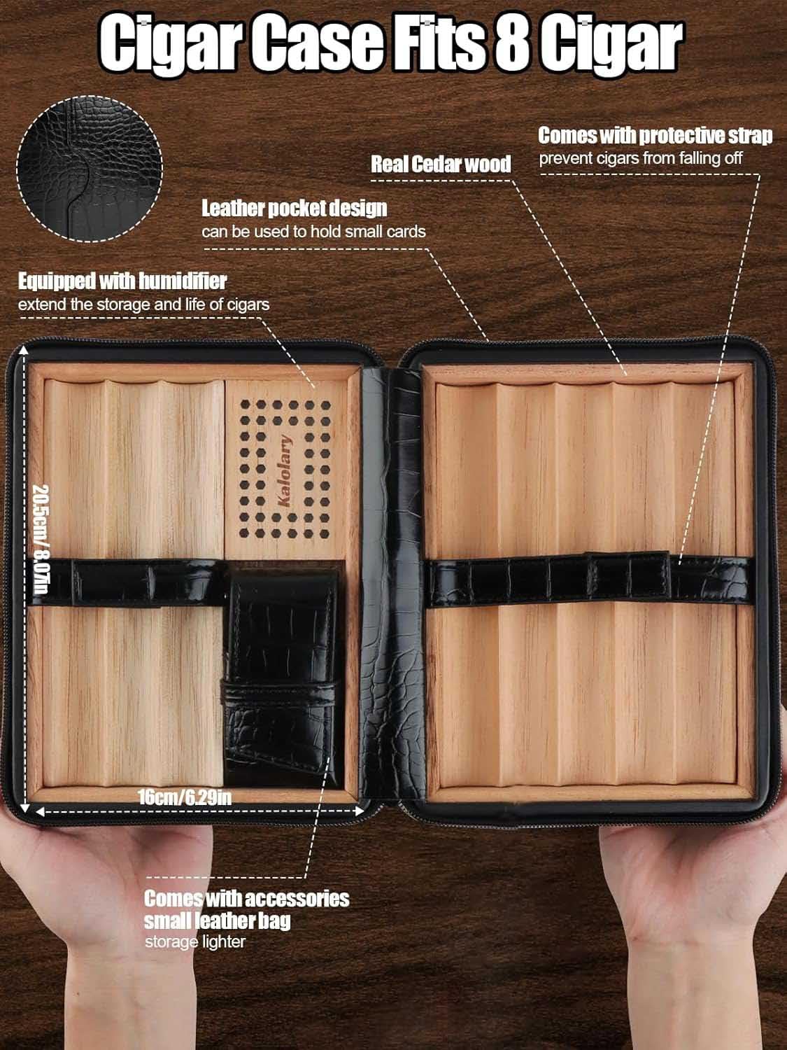 Kalolary Zigarren Humidor Leder mit Zigarrenschneider, Tragbarer Reise Humidor Zigarren mit Zedernholz Auskleidung für Hält bis zu 8 Zigarren, Tolle Geschenke für Männer (Schwarz)