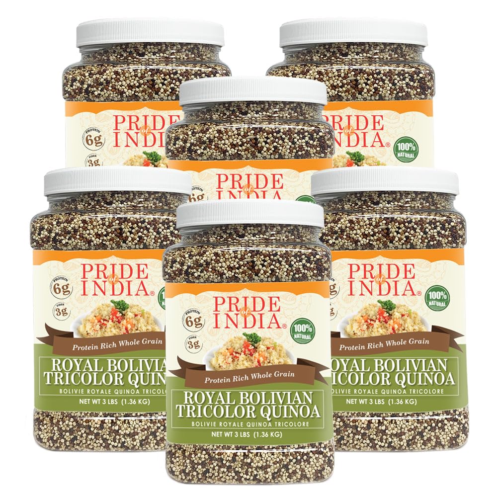 Pride Of India - PACK of 6 - Natural Three Color Quinoa - 100% Royal Bolivian Superior Grade Protein Rich Whole Grain, 1.25 Pound (20oz) Jar
