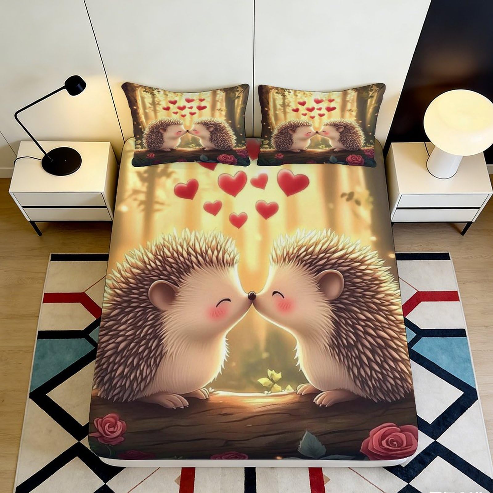 3D Printed Kissing Hedgehogs Fitted Sheet Microfiber Soft Anti-Slip Forest Hearts Bed Cover for Bedroom Decor 90x200x25cm