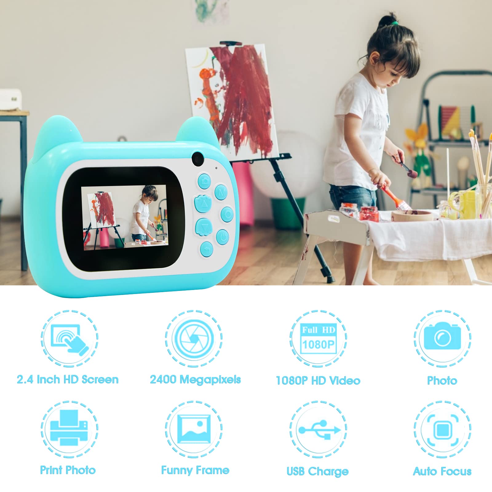 Fotocamera istantanea per bambini, schermo LCD da 2,4 pollici, fotocamera digitale per bambini con zoom 6x, 24 Mpixel, doppio obiettivo e videoregistratore 1080p, regalo per ragazzi e ragazze