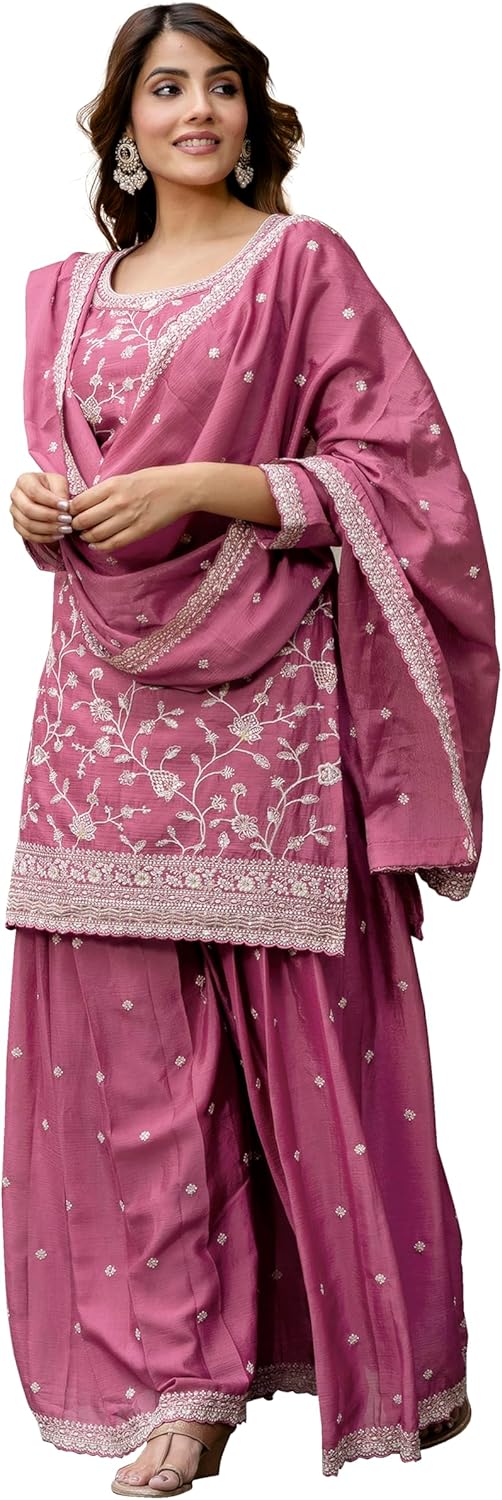 TRENDMALLS Women's Art Silk Sequins Embroidery Salwar Suit Set Kurta Palazzo with Dupatta For Women