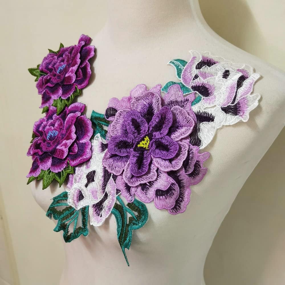 3pcs Flowers Embroidered Patch Sticker for Clothing Jacket Jeans Lace Applique DIY Clothes Decorations Fabric Patches (Purple)
