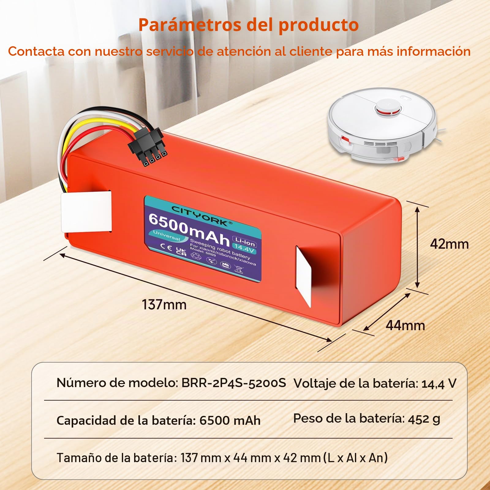 CITYORK Li-Ion Batería de Repuesto para Roborock S50 S5 S6 S7 Pure/MAX/MaxV/MaxV Ultra, para Roborock Q5 Q7 Pro/MAX+ Mijia 1.und 2. Generation Robot Aspirador Batería - 14.4 V 6500mAh