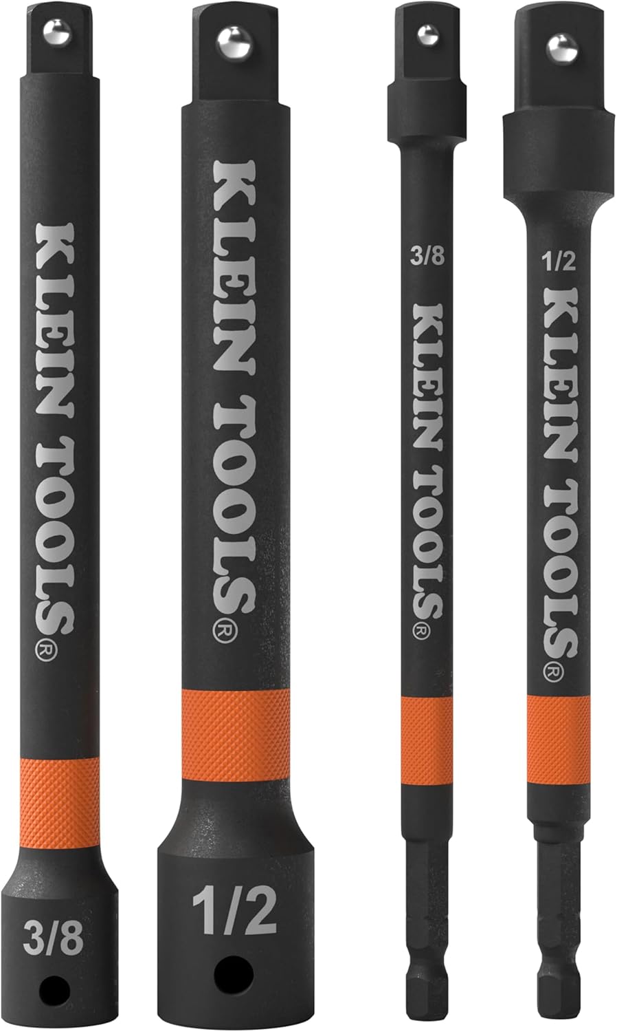 Klein Tools 65038A Impact Socket Extension Set 4-Piece, 6-Inch Extension Bars, Knurled Grip, High-Visibility, Two 3/8-Inch and Two 1/2-Inch Square Drives