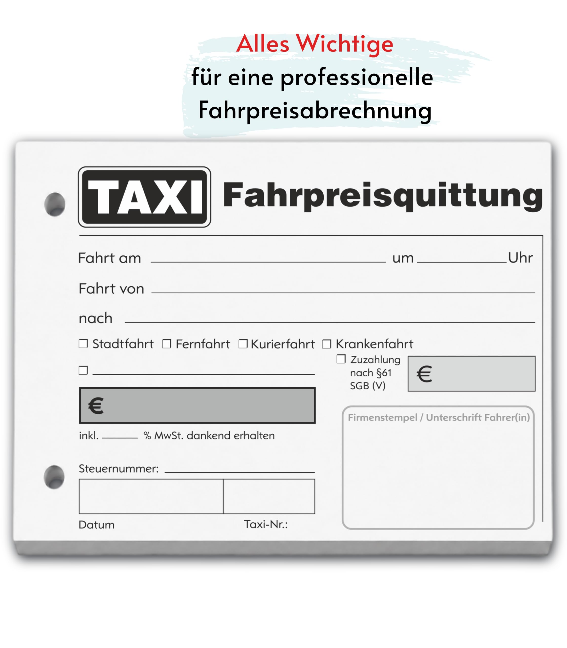 20x Taxiquittungsblock DIN A6 quer, 100 Blatt, gelocht, ohne Durchschlag