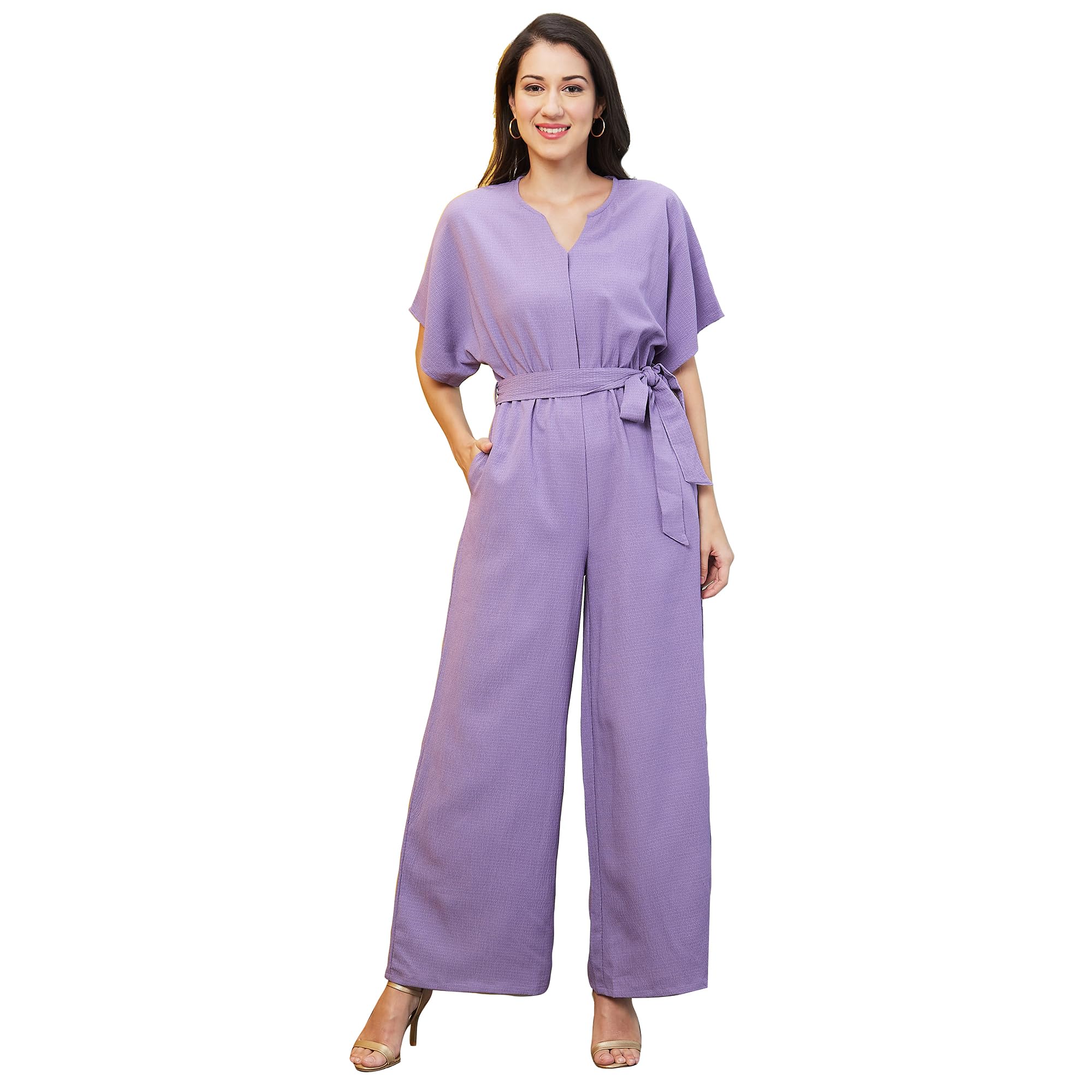 globus Women Abstract Print Round Neck with V Cut Kimono Sleeves Waist Tie-Up Longline Jumpsuit-picture-11