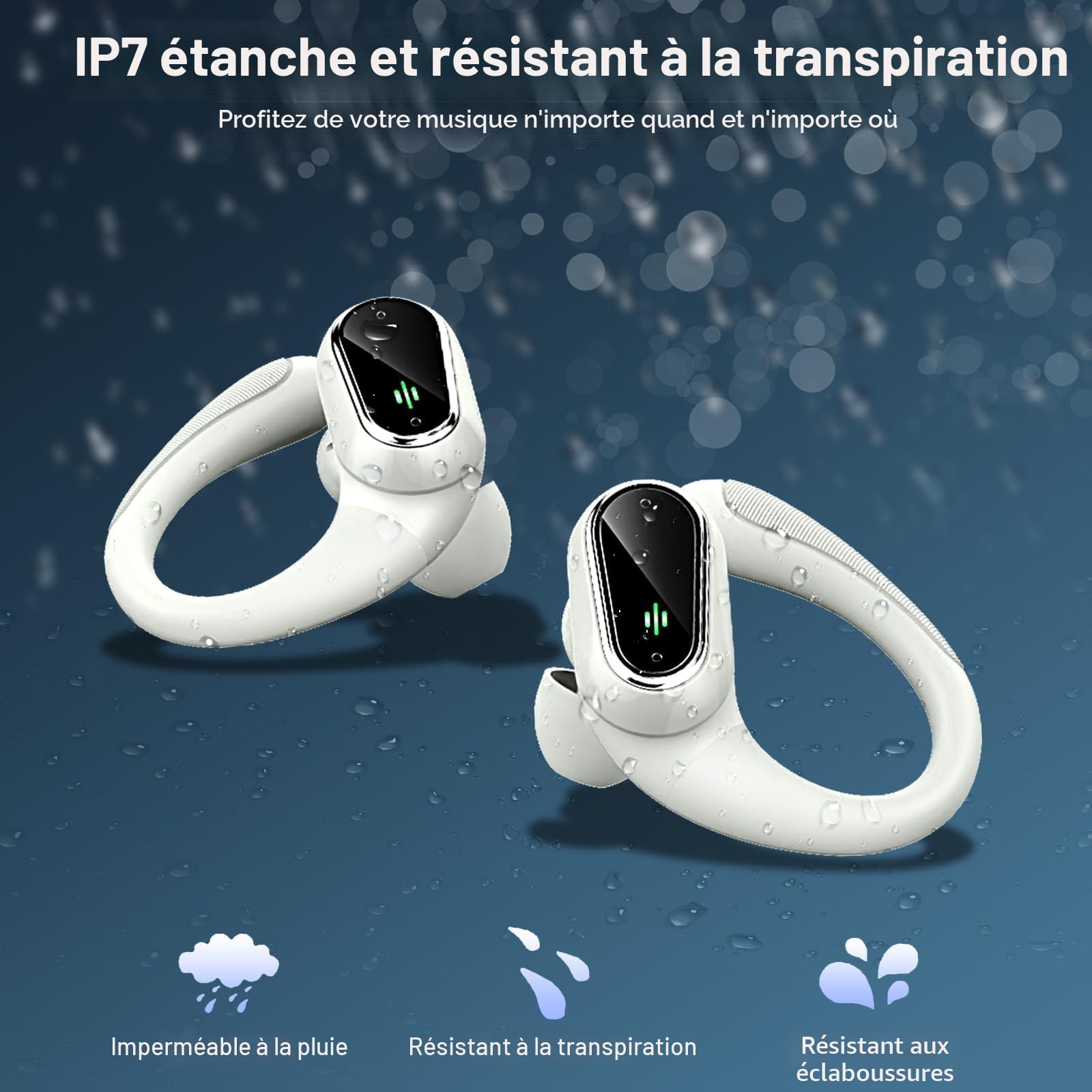 Ecouteurs Bluetooth sans Fil Sport, Oreillette Bluetooth 5.3 sans Fil avec 4 Enc Mic, Ip7 Étanche Casque avec Crochets d'oreille, 50H Écouteurs avec Écran LED, Earbuds HiFi Stereo, USB C