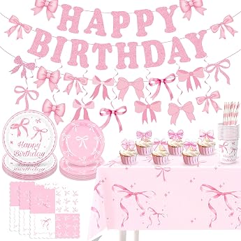 117-Piece Pink Bow Design Birthday Party Tableware Set
