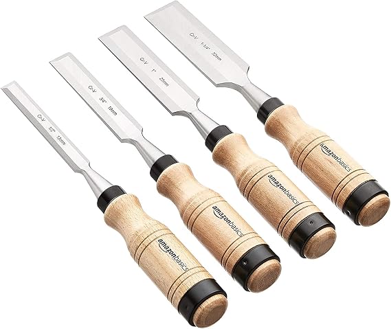 Amazon Basics - 4-Piece Sturdy Chrome Vanadium Steel Woodworking Wood Chisel Set – 1/2 inch (13mm) to 1-1/4 inch (32mm), Wooden Handles with Carry Pouch
