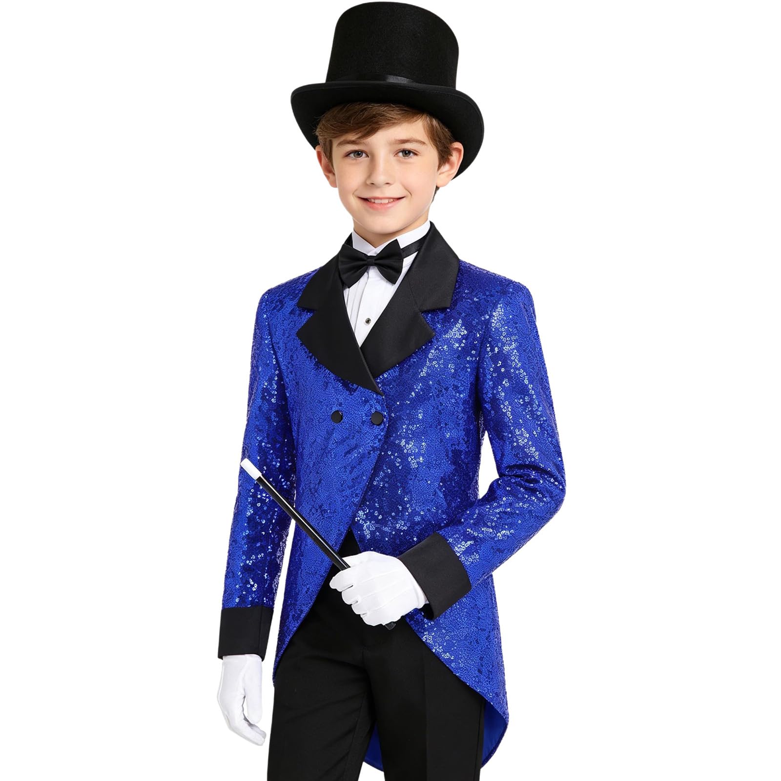 Alvivi Dziecięca elegancka kurtka, kostium czarodzieja, elegancki kostium dziecięcy Fedora, kapelusz na wesele, zestaw akcesoriów do kostiumu, kostium królewski błękit 170