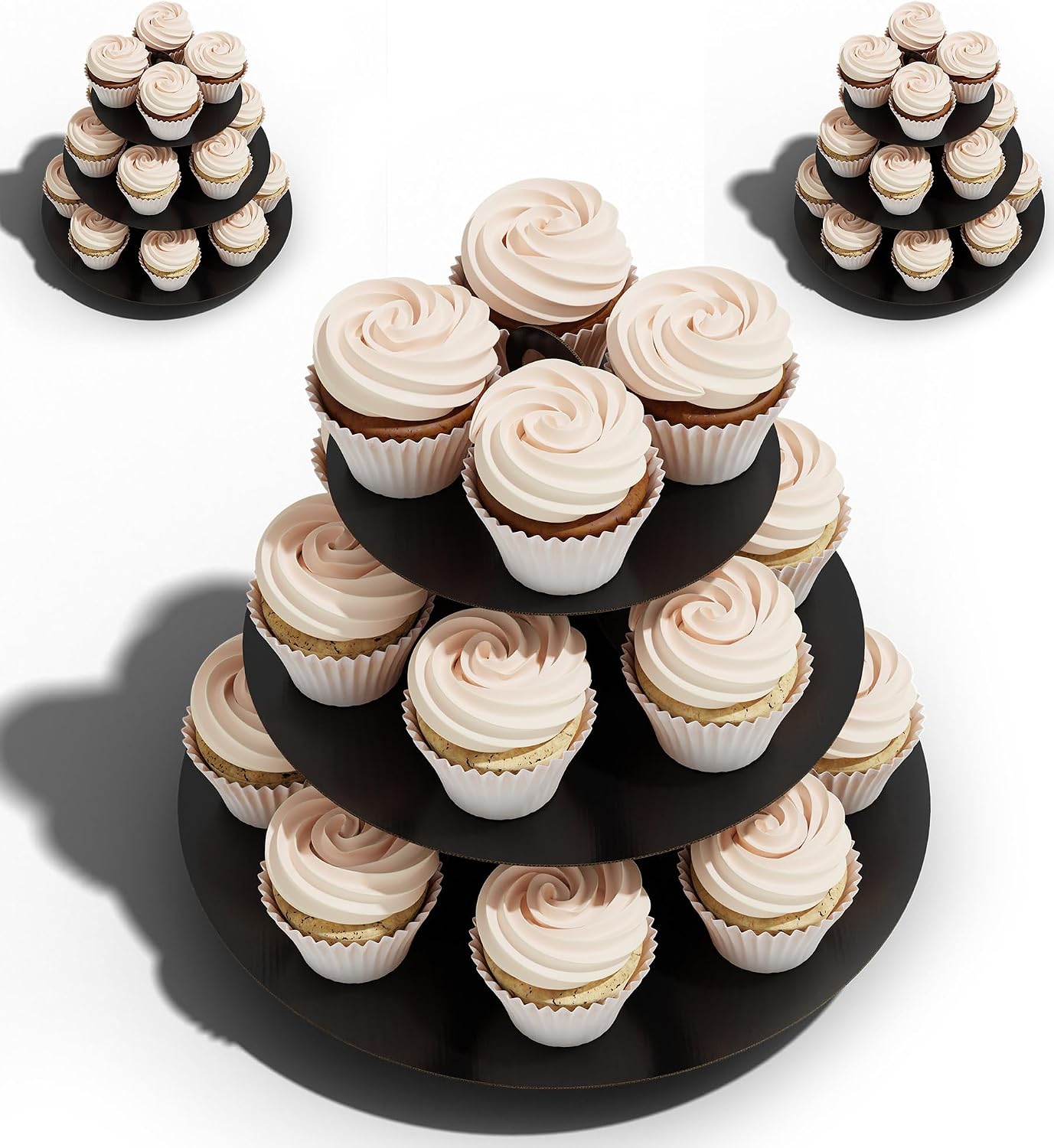 BLISSUR Cupcake Stand Tower, 3 Pack, Black, 3 Tiered, Cup Cake Stand Cardboard Dessert Holder for Parties (Black, Small, 3 Set)