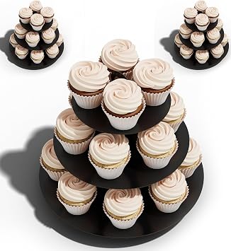BLISSUR Cupcake Stand Tower, 3 Pack, Black, 3 Tiered, Cup Cake Stand Cardboard Dessert Holder for Parties Black, Small, 3 Set