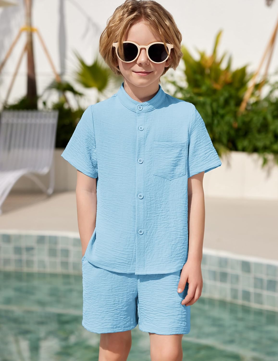 Arshiner Toddler Boys 2 Piece Set Short Sleeve Button Down Shirt and Shorts Vacation Texture Outfits with Pocket 2-8 Years - Image 2