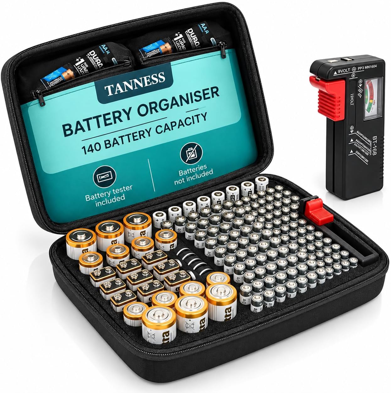 Tanness 140 Battery Organizer Storage Case with Tester - Large Capacity Shockproof Holder Bag for AA, AAA, 9V, C & D Sizes - Portable Travel Organizer (Batteries Not Included)