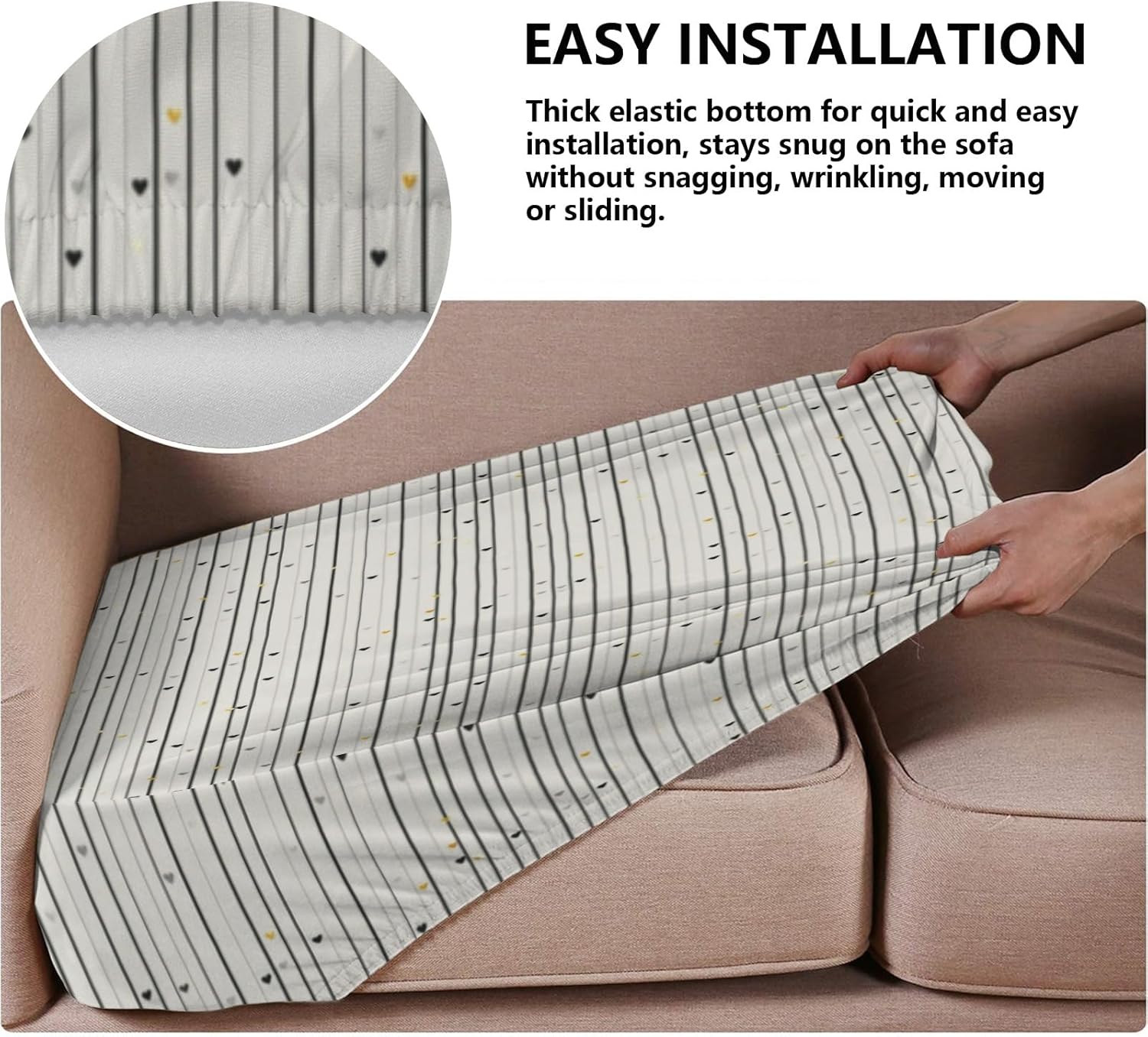 Stripe Heart Dot Grey Loveseat Covers Couch Covers for 2 Cushion Couch, 2-Piece Stretch Sofa Slipcovers Anti-Slip Washable Furniture Protectors for Dogs Pets