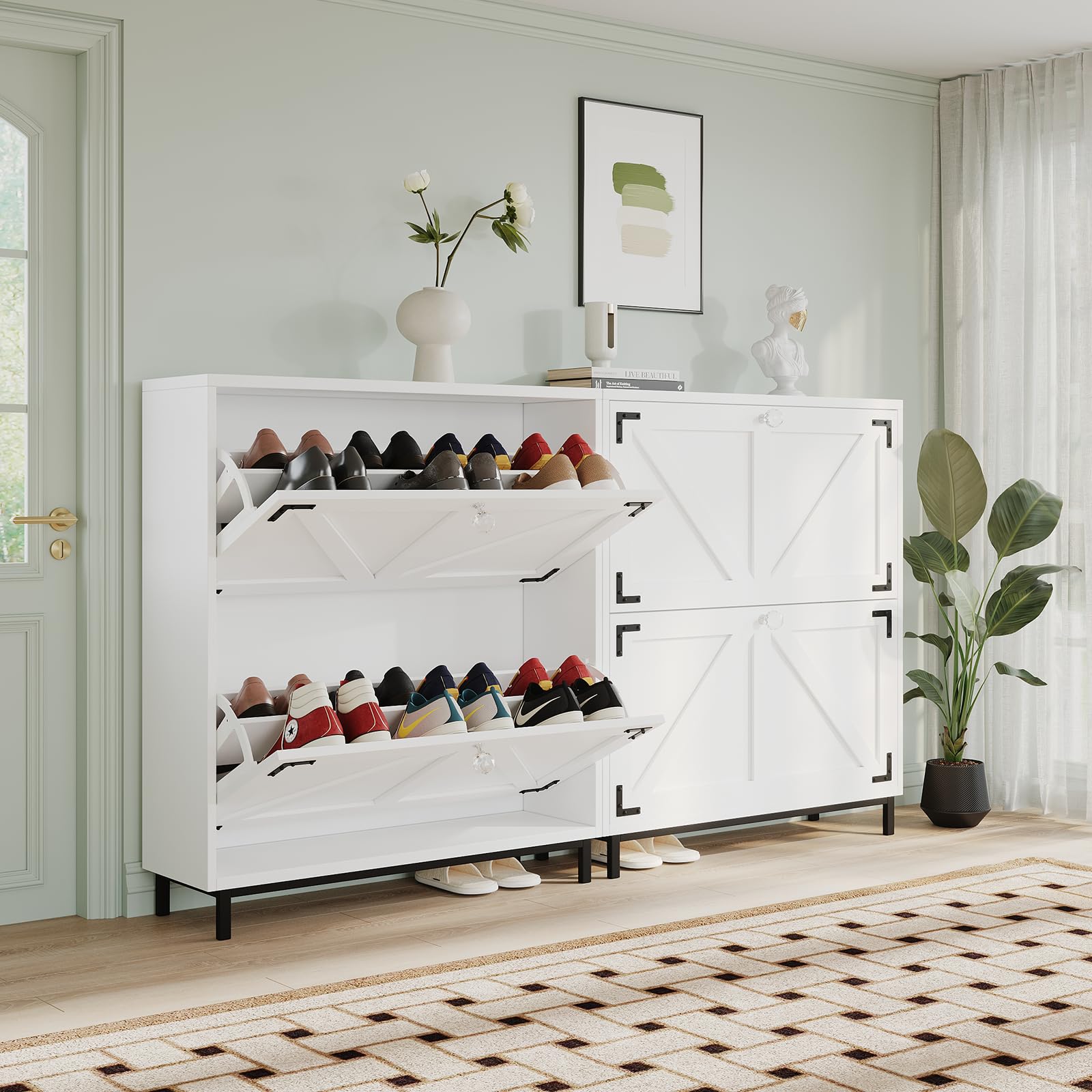 VOWNER Zapatero Entrada Recibidor, 2 Puertas, Zapatero Blanco, Particiones Ajustables, Madera, para Entrada Estrecha, con Patas de Acero, 80 x 24 x 92 cm, Pasillo