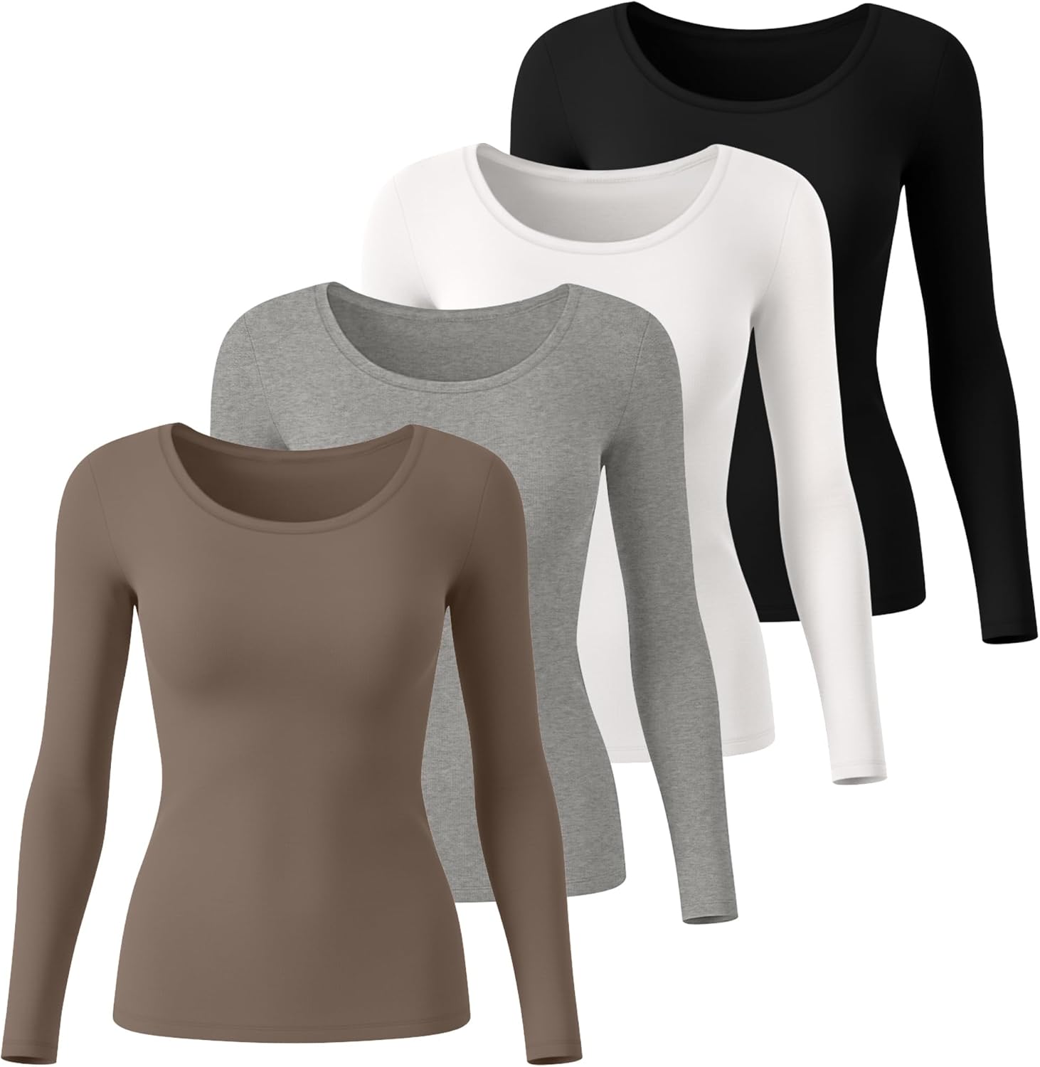 Neer 4 Pack Women's Long Sleeve Shirts Scoop Neck Slim Fit Tops Stretchy Base Layer Tee Casual Undershirt Fall - Image 3