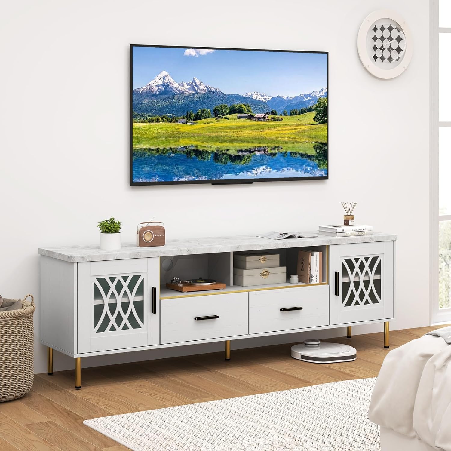 Giantex White TV Stand for TV up to 80", 71-Inch Modern Entertainment Center with Glass Doors & 2 Storage Drawers, 2 Cable Holes, Faux Marble Top, TV Media Console Cabinet for Living Room Bedroom