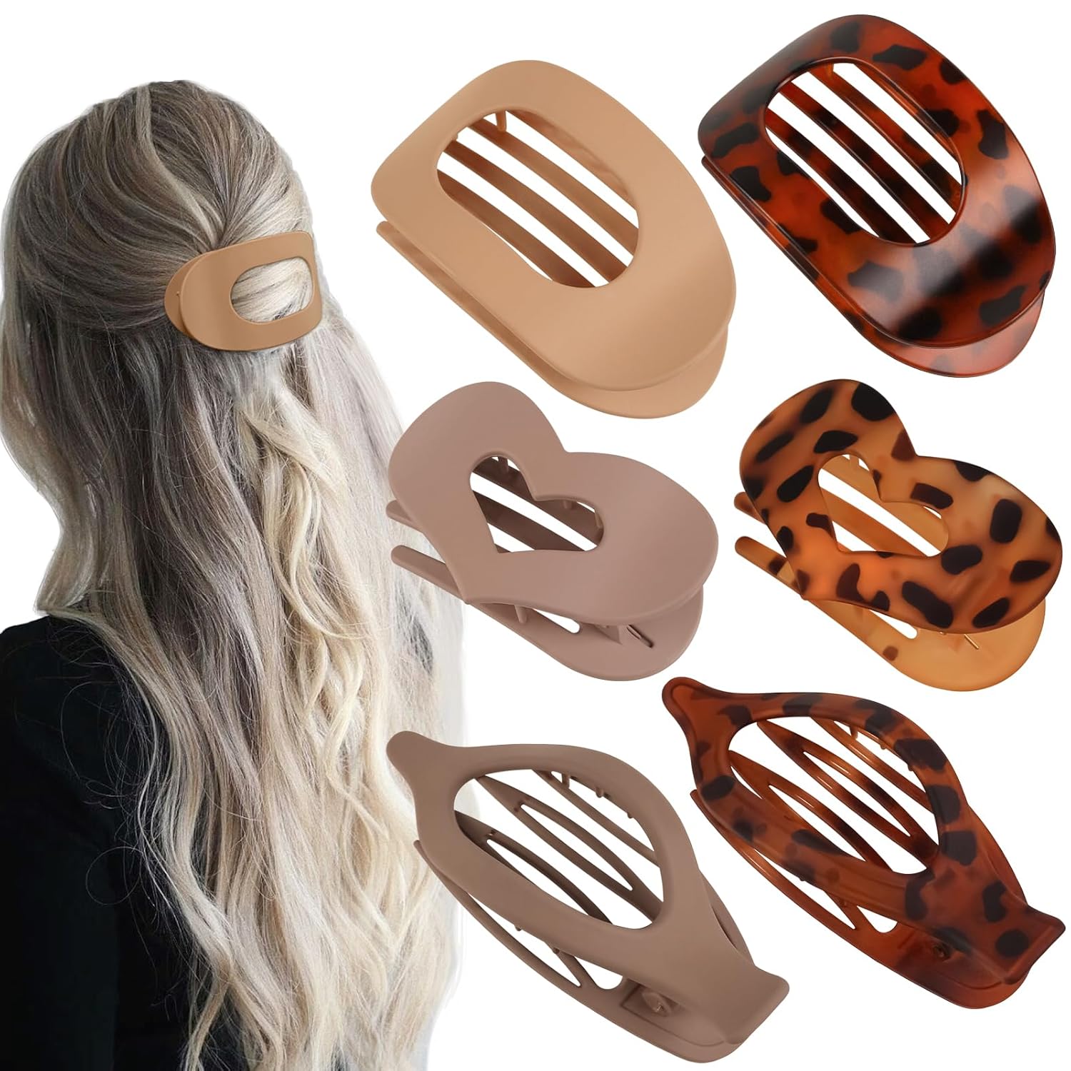 6pcs Flat Hair Clips for Women 3 Styles Ergonomic Curved Hair Claw Clips for Thick Thin Curly Hairs(Leopard)