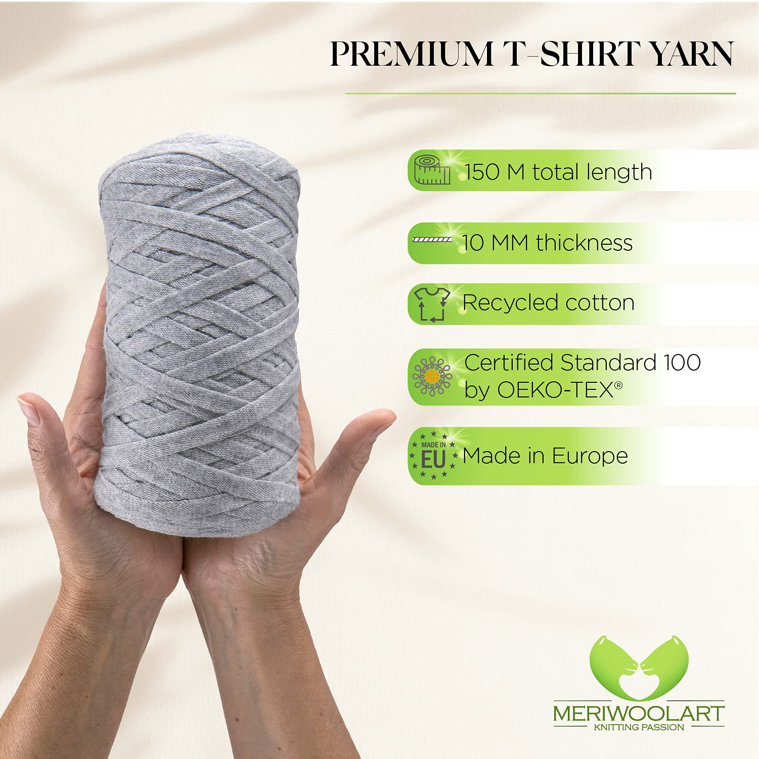 MeriWoolArt® Cotton Yarn Ribbon Grey, 10 mm T-Shirt Tape Yarn for Knitting Macrame, Crochet, Weaving, Gift Ribbon - Image 2