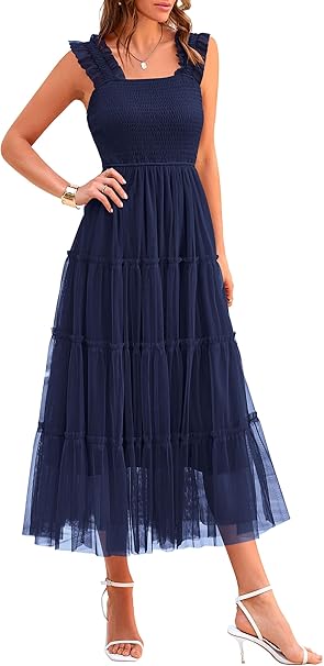 PRETTYGARDEN Women's Summer Tulle Midi Dress Sleeveless Smocked Ruffle Mesh Flowy Dresses Party Wedding Guest Sundress