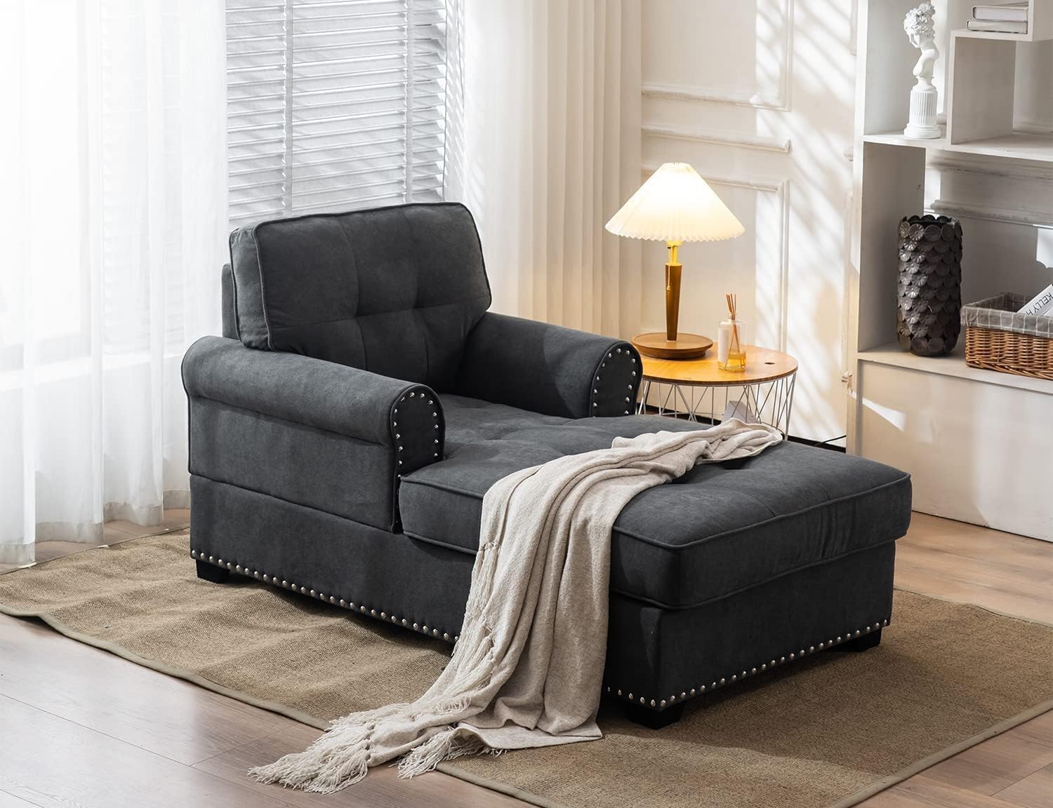 Cozy Chaise Lounge Indoor Living Room Sleeper Chair Upholstered Chaise Lounges for Bedroom Home Living Room Small Place,Dark Gray(59" 34" 33.5") : Home & Kitchen