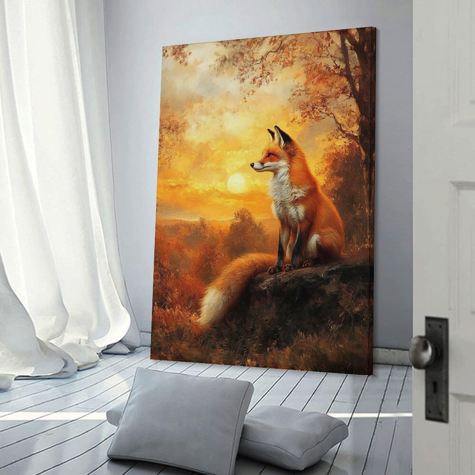 Junmoney Frame-Style-5 Canvas Art Print Fox At Sunset, 20X30inch(50X75cm), For Office, Study Or Home Workspace, Wall Art That Adds Style To Work Areas