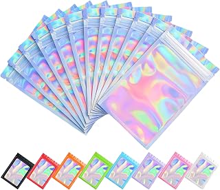 100 Pack Resealable Aluminum Foil Holographic Zip Bags with Suspension Holes, Transparent Ziplock Mylar Bags, Flat Small Plastic Bags with Zip for Packaging and Foods (8 x 13 cm)