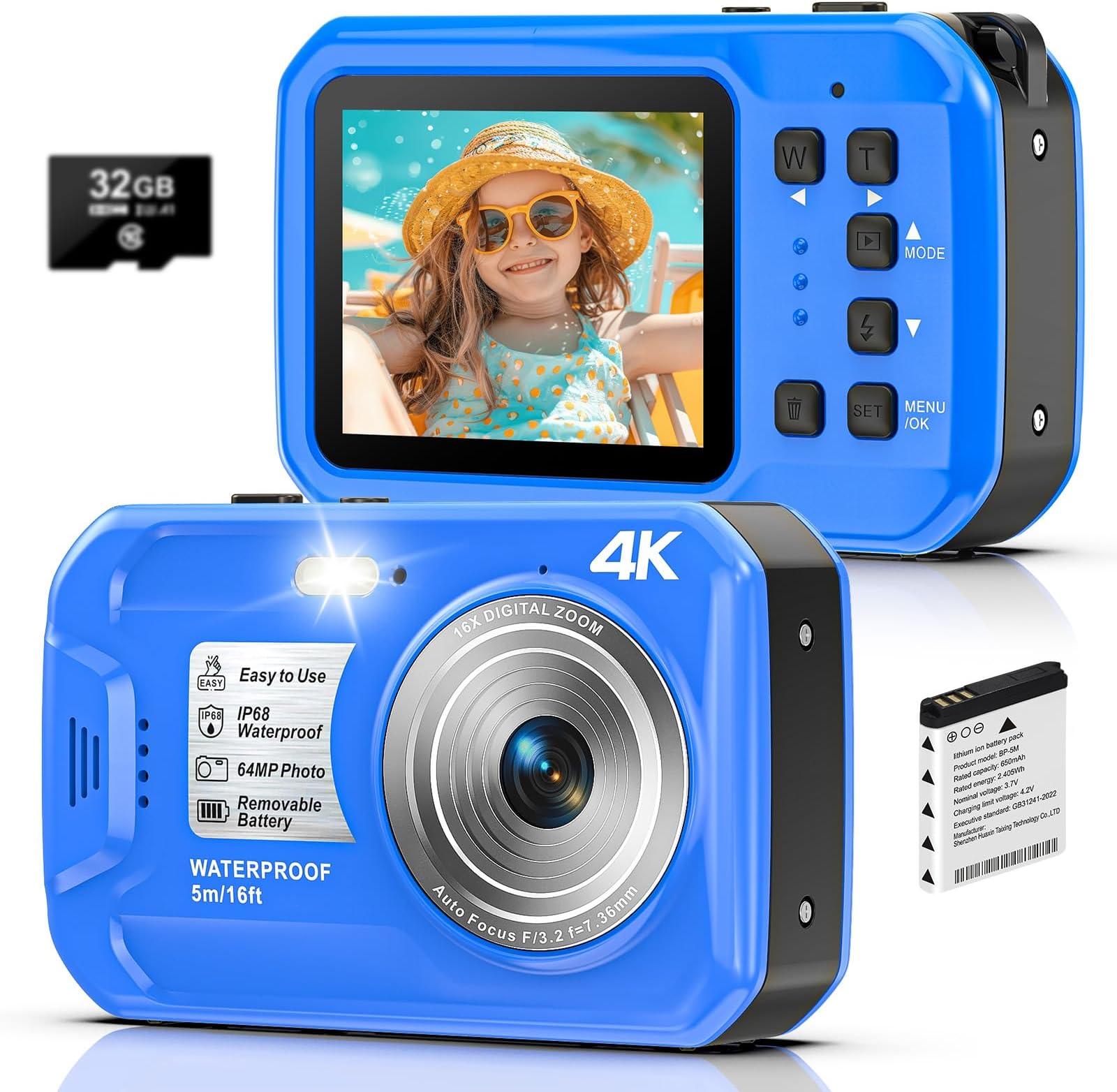 4K Underwater Camera, 64MP 16FT Waterproof Digital Camera with 32GB Card, Autofocus Floatable Waterproof Camera with IPS HD Screen, 16X Digital Zoom, Fill Light, for Snorkeling, Surfing, Swimming
