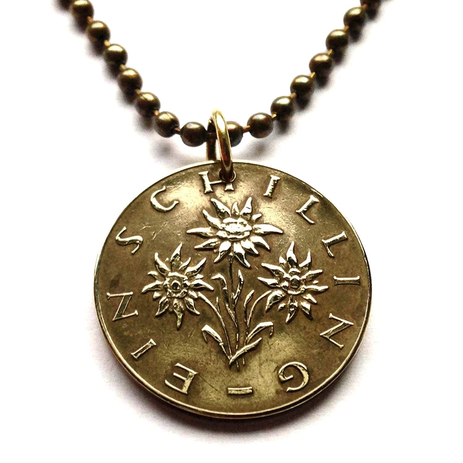 1985 Austria Osterreich 1 Schilling coin pendant Edelweiss flower Alpine plant daisy sunflower Vienna Salzburg Graz Linz Innsbruck Klagenfurt Villach Tyrol Styria Carinthia Sankt Polten Wels n000443