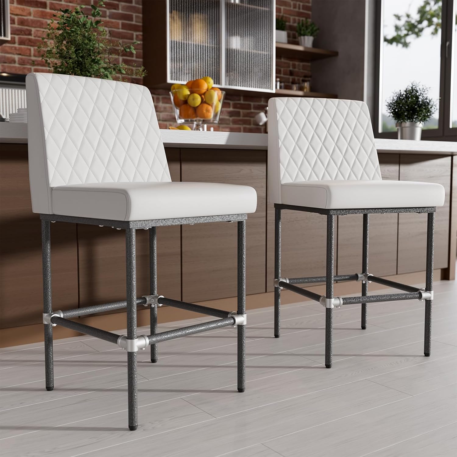 HomeZeer Industrial Counter Height Bar Stools Set of 2, 26 Inch White Leather Bar Stools for Kitchen Island with Back, Upholstered Seat and Painted Metal Frame, Support 350LBS