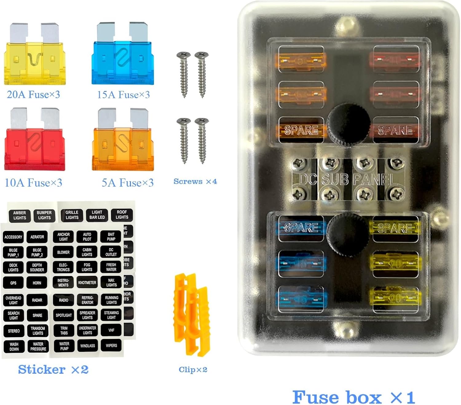 12V 24V 36V Dual Battery Fuse Block Panel Negative Bus 100A Power Distribution 12 Way Blade Fuse Block 8 Circuit Fuse Holder