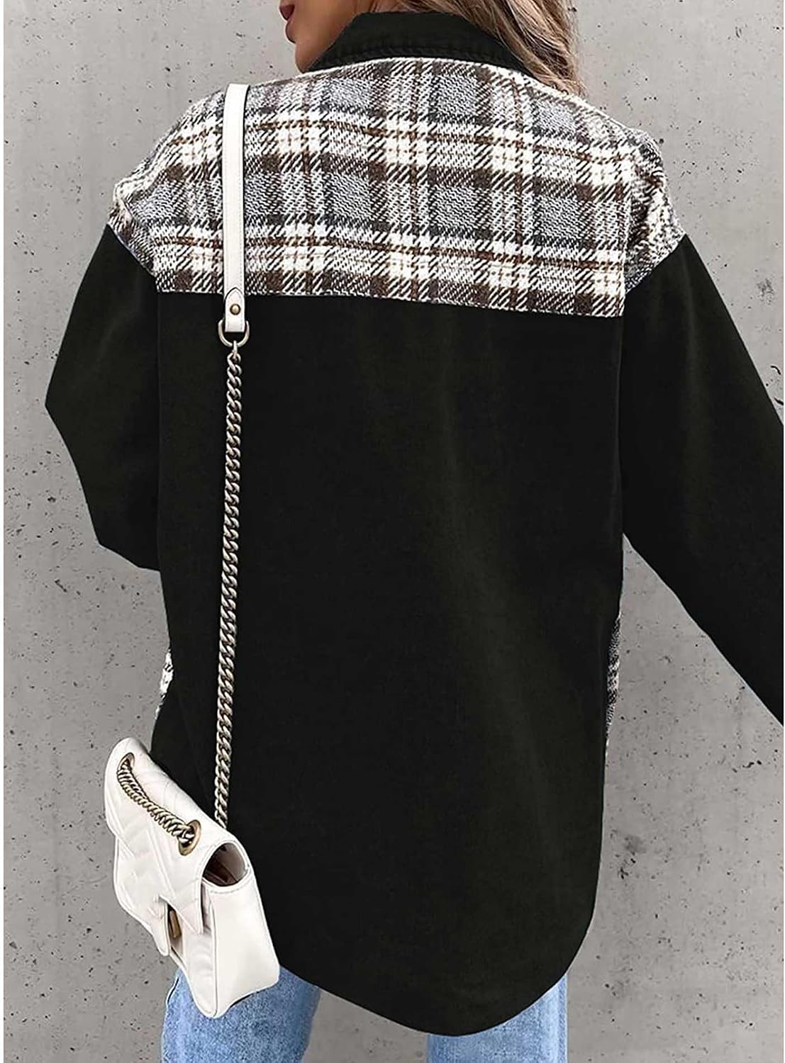 SOMTHRON Women's Oversized Denim Jacket Shirts Plaid Patchwork Long Sleeve Button Down Jean Shacket Jacket