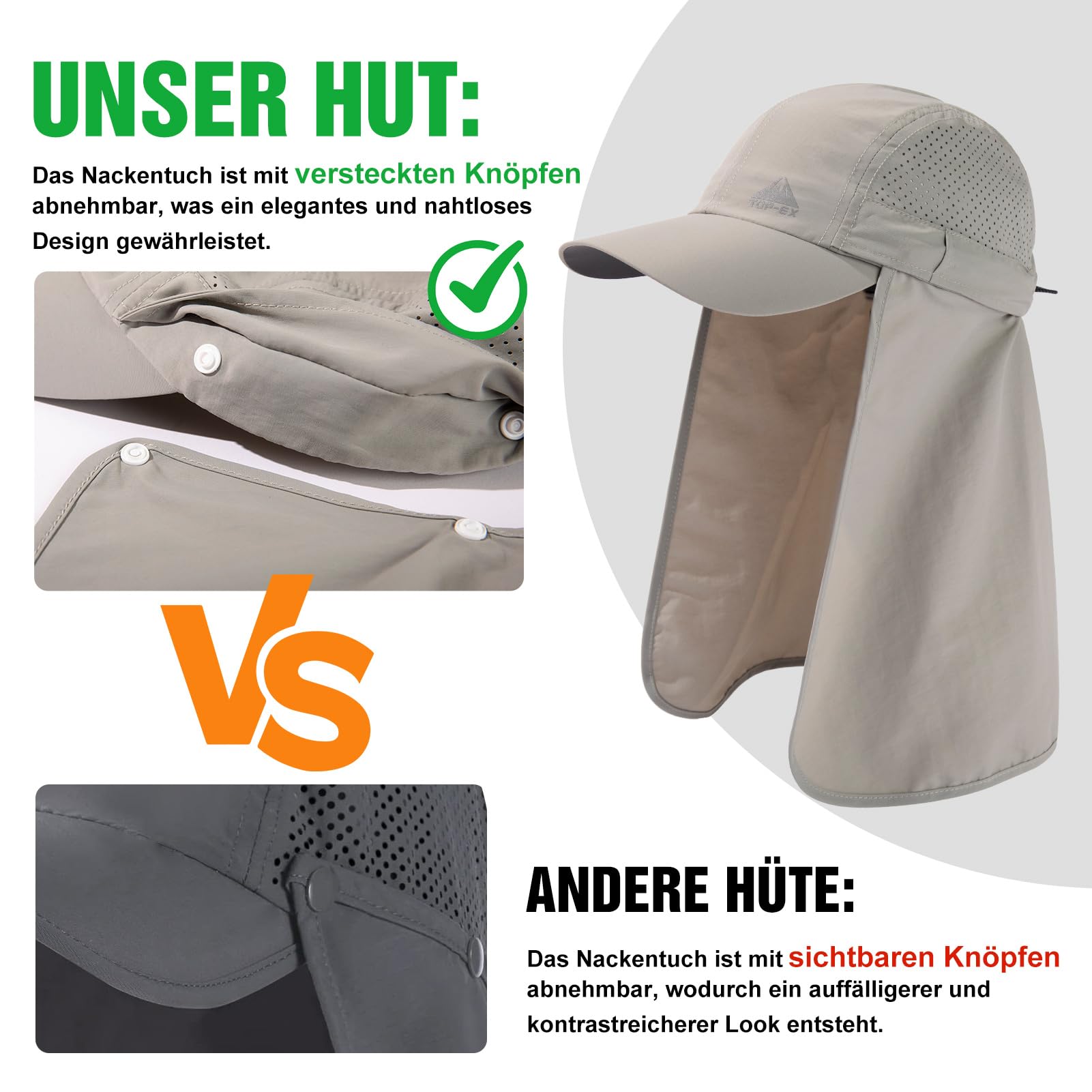 TOP-EX XL/XXL męska czapka bejsbolowa ze zdejmowaną klapką na kark, ochrona przed promieniowaniem UV, damska czapka przeciwsłoneczna, składana czapka na lato, safari, wędrówki, czapka outdoorowa